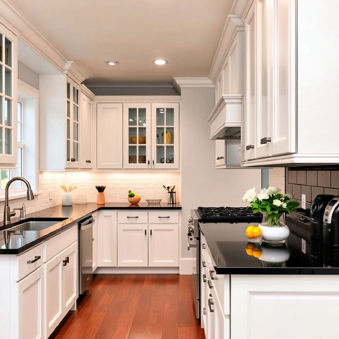 transitional white cabinets and black laminate countertops - 40 White Kitchen With Black Countertops Ideas