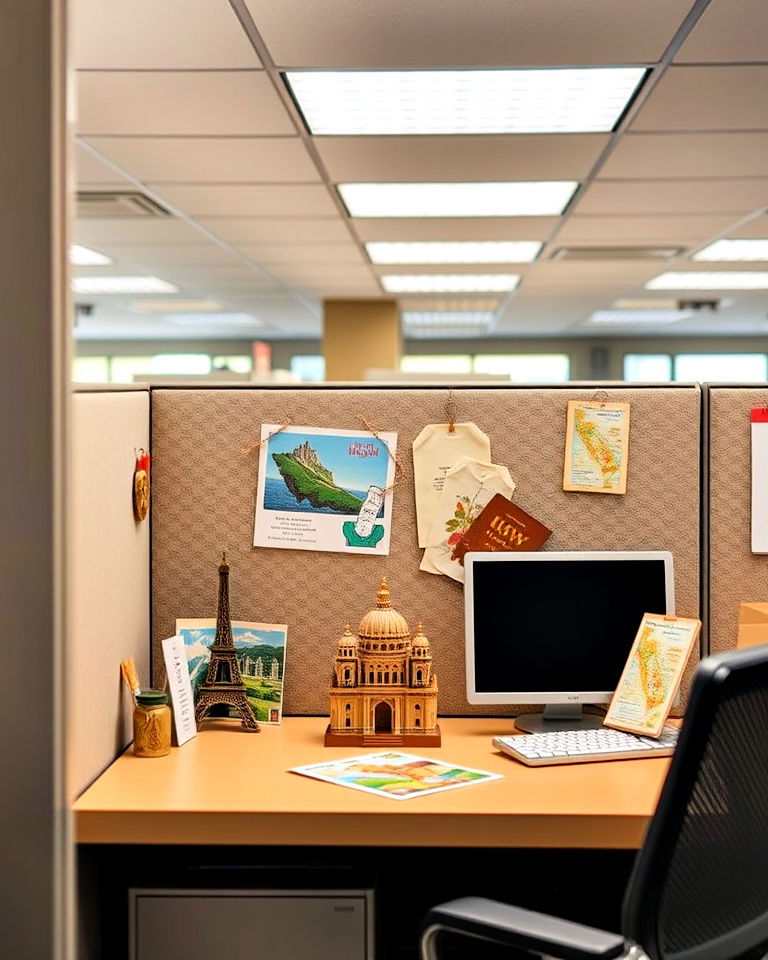 travel souvenirs to add nostalgic touch - 30 Cubicle Decor Ideas