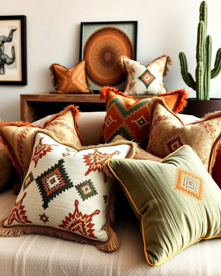 tribal inspired patterned throw pillows - 20 Bohemian Desert Decor Ideas
