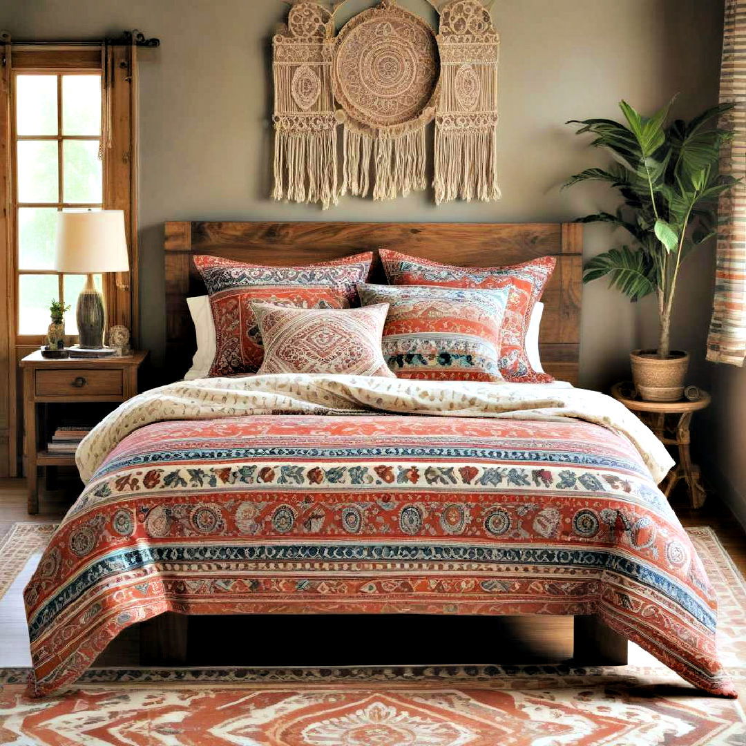 tribal print bedspread - 40 Boho Bedroom Ideas