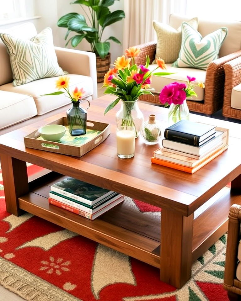 tropical accents and wooden coffee table - 25 Tropical Living Room Ideas