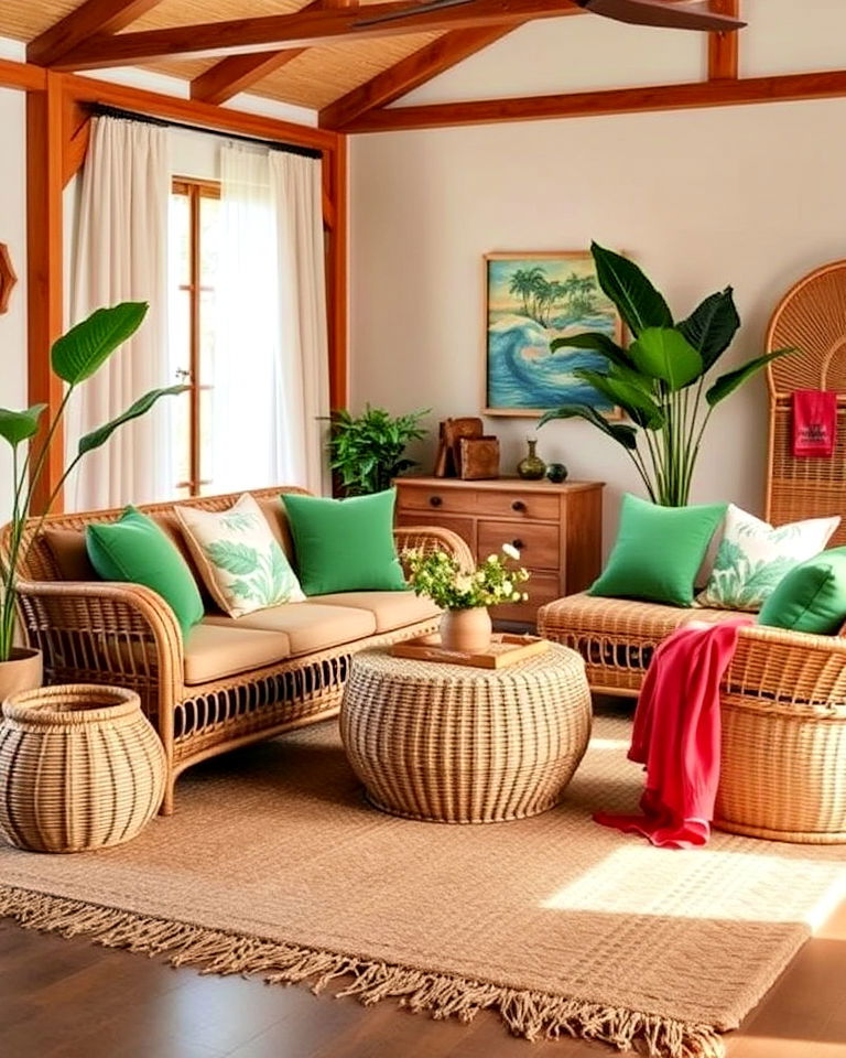 tropical aesthetic natural textures in furniture and decor - 25 Tropical Living Room Ideas