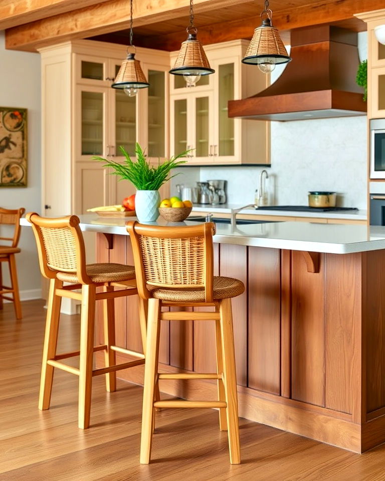 tropical decor with wooden bar stools - 20 Tropical Kitchen Ideas