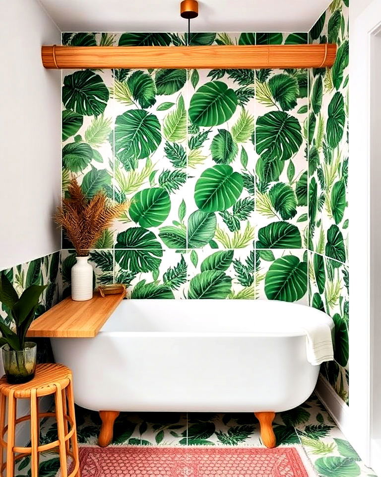 tropical green leaf tiles around bathtub - 40 Bathtub Tile Ideas