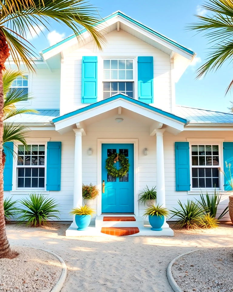 tropical haven with a white exterior and aqua blue trim - 20 White House With Blue Trim Design Ideas