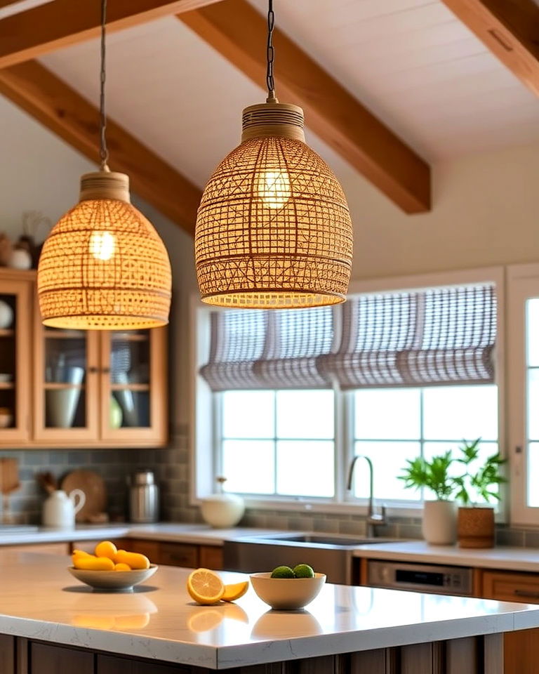 tropical kitchen with rattan pendant lights - 20 Tropical Kitchen Ideas