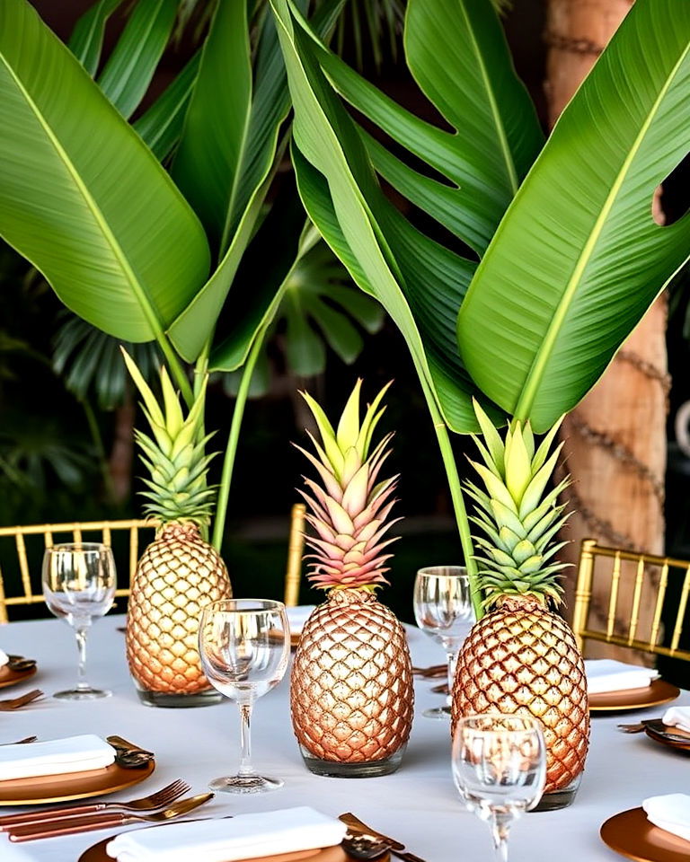 tropical leaves and pineapples for wedding table decor - 30 Wedding Table Decoration Ideas