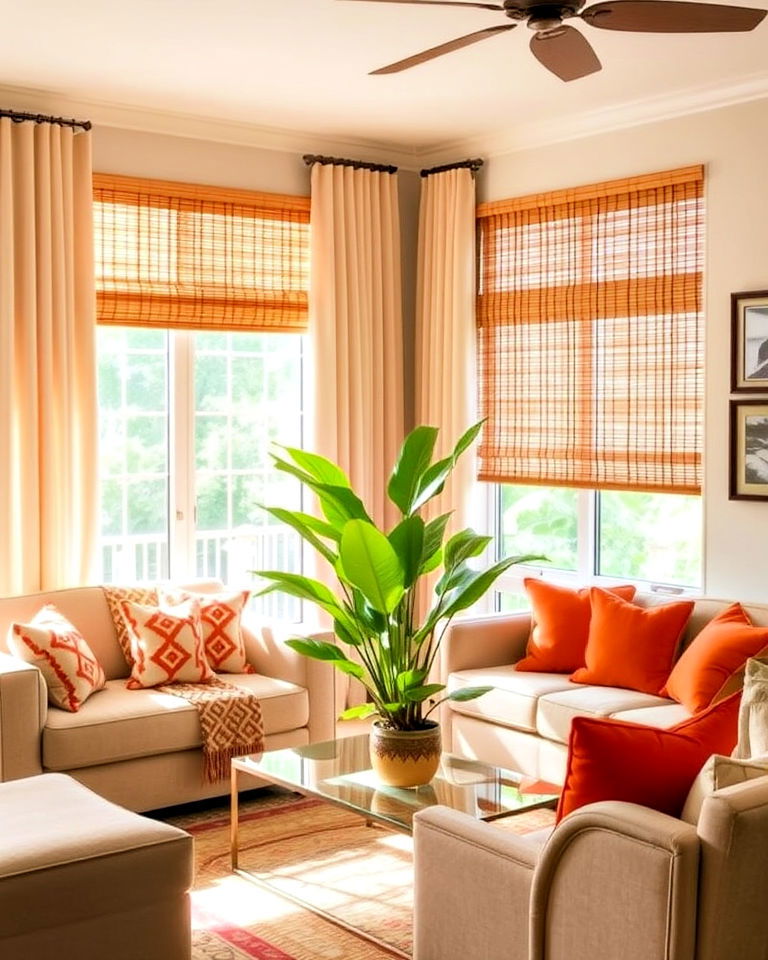 tropical living room with bamboo window blinds - 25 Tropical Living Room Ideas