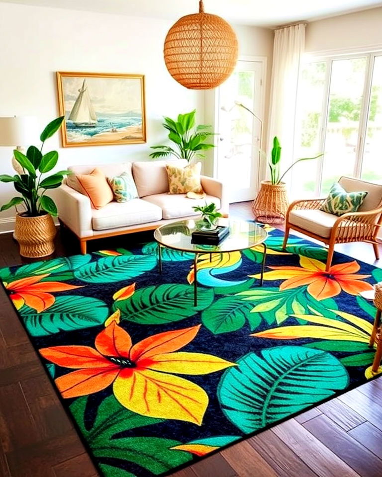 tropical patterned rug - 25 Tropical Living Room Ideas