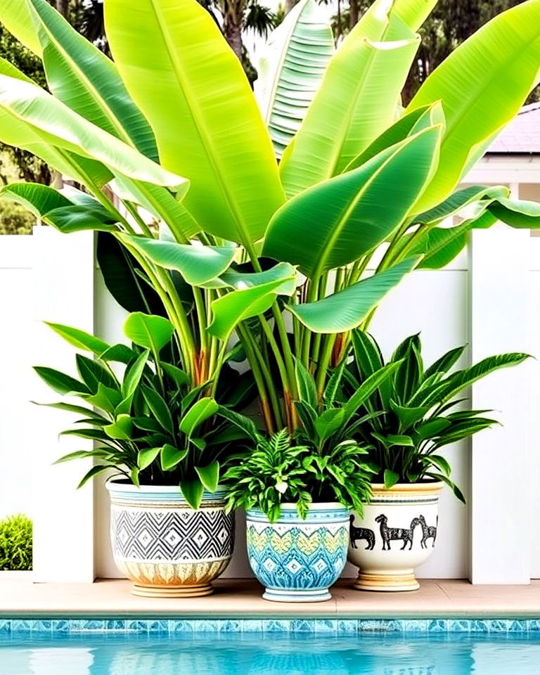 tropical pool planters with banana trees - 30 Pool Planter Ideas