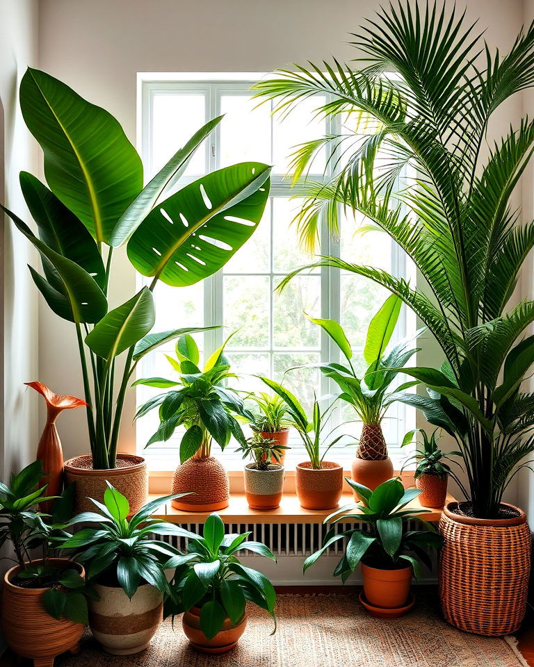 tropical vibe leafy greenery as decor - 25 Tropical Living Room Ideas