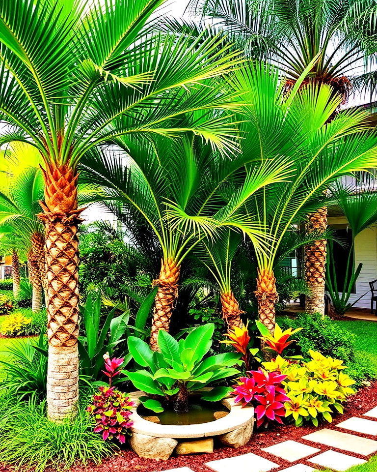 tropical vibe multiple palm varieties - 30 Front Yard Palm Tree Landscape Design Ideas