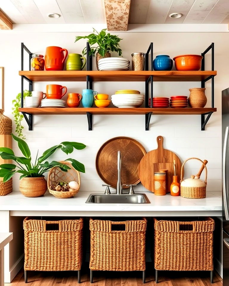 tropical vibe open shelving with woven baskets - 20 Tropical Kitchen Ideas