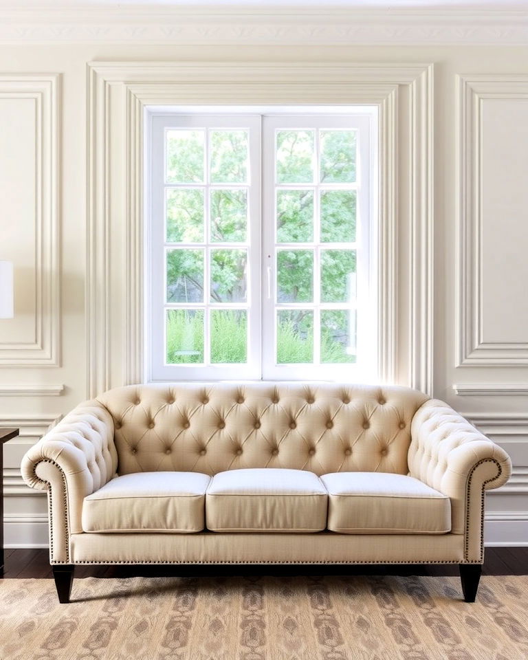 tufted sofa with decorative wall panels - 20 Couch in Front of Window Ideas