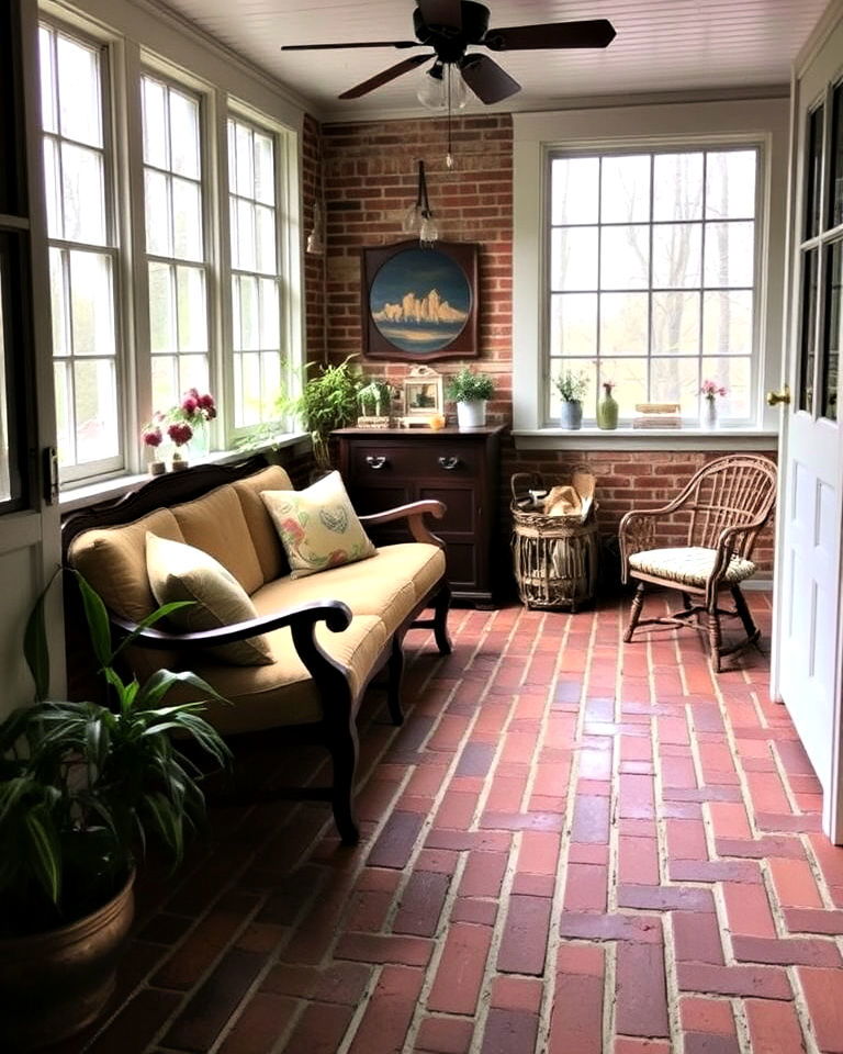 tumbled brick flooring - 20 Brick Floor Sunroom Ideas