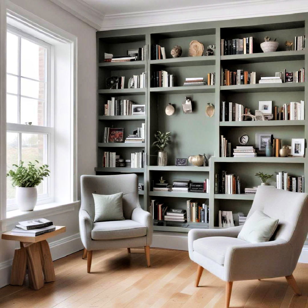 turn bedroom into sophisticated library - 25 Sage Green and Grey Bedroom Ideas