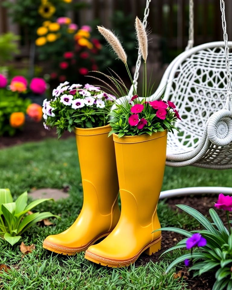 turn old boots in fall planters - 40 Fall Planter Ideas