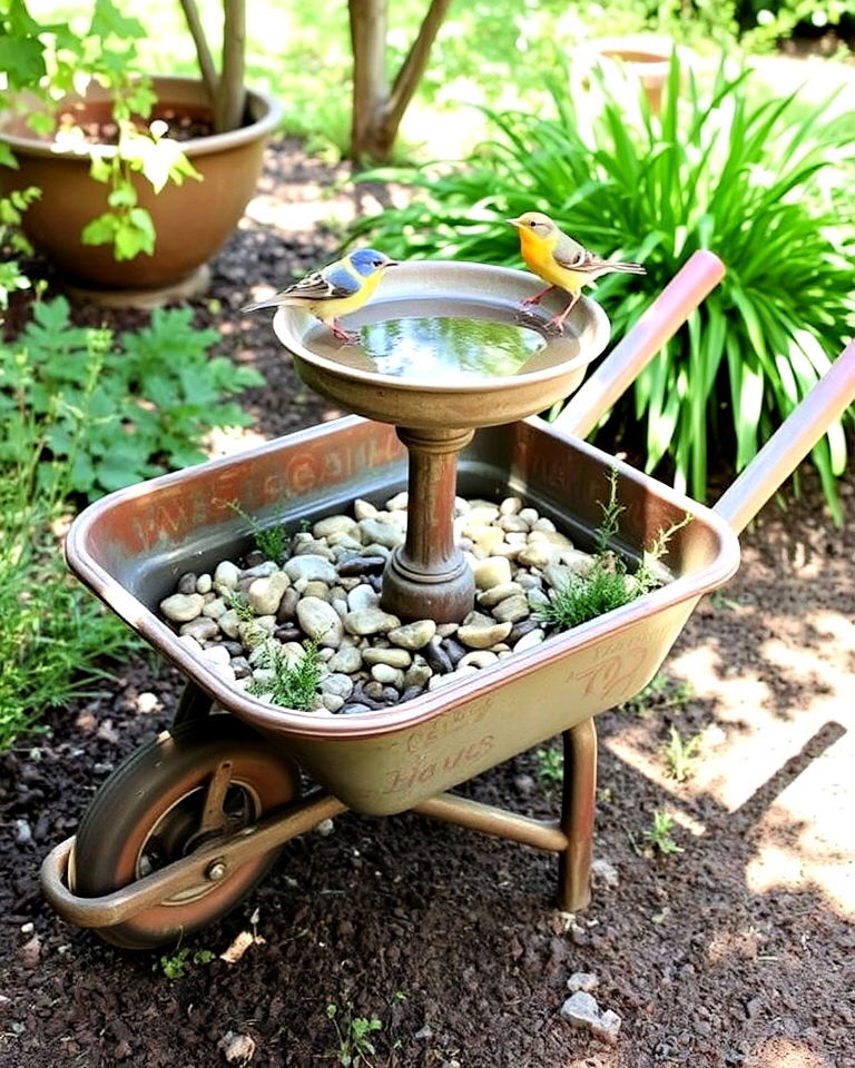 turn wheelbarrow into bird bath display - 25 Old Wheelbarrow Ideas