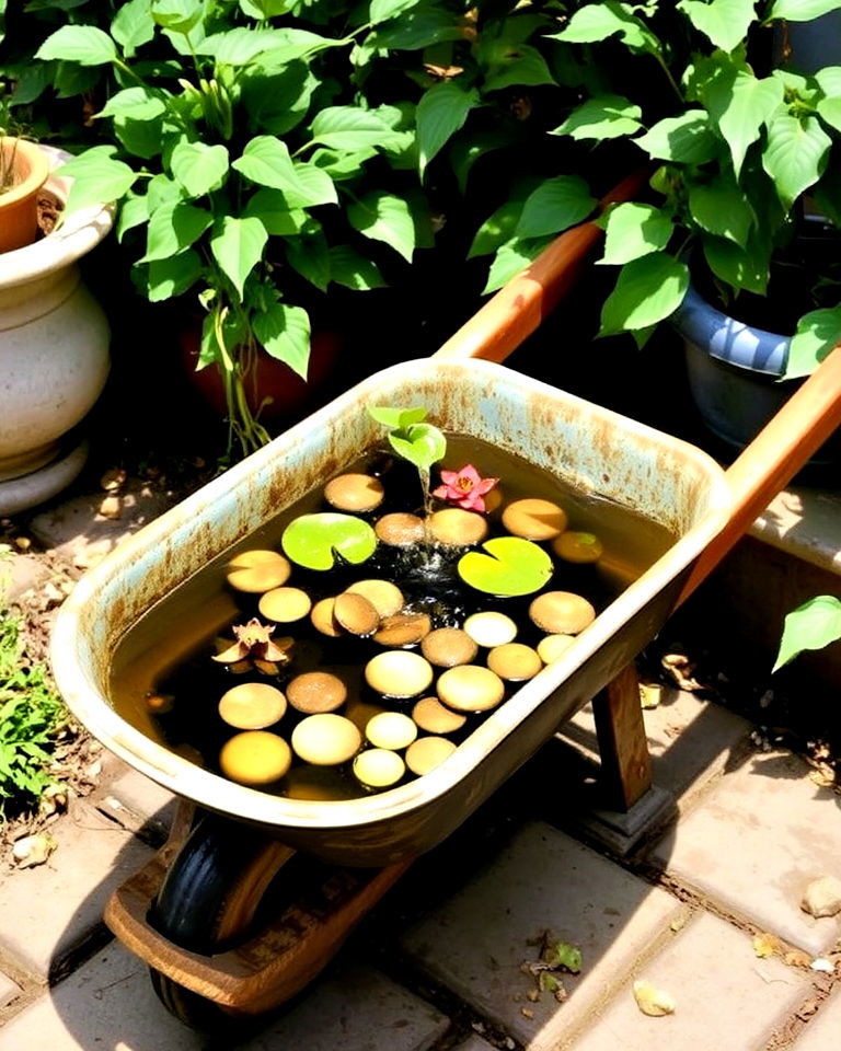 turn wheelbarrow into vintage water feature - 25 Old Wheelbarrow Ideas