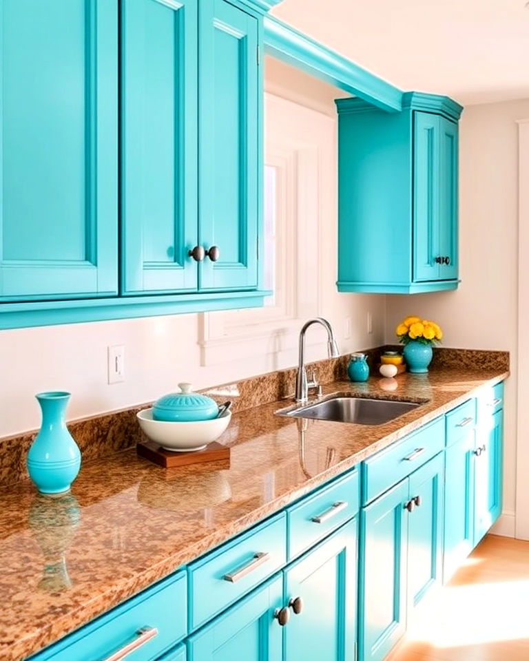 turquoise accents with brown granite countertops - 20 Blue Kitchen Cabinets With Brown Granite Countertops