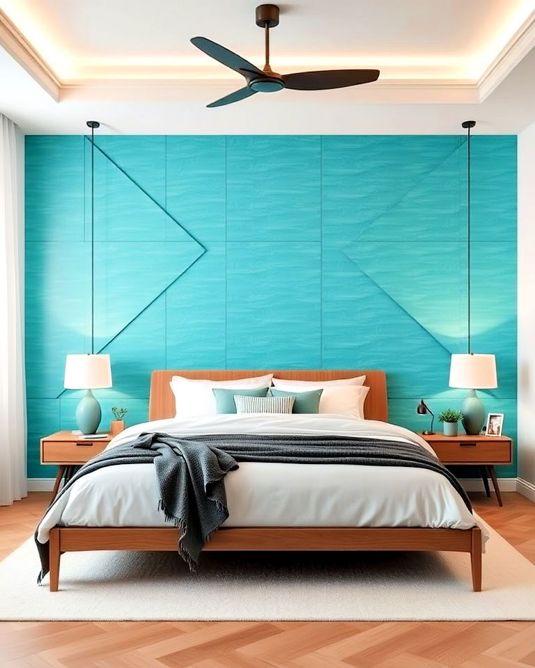 turquoise bedroom with statement wall panels - 15 Turquoise Bedroom Ideas