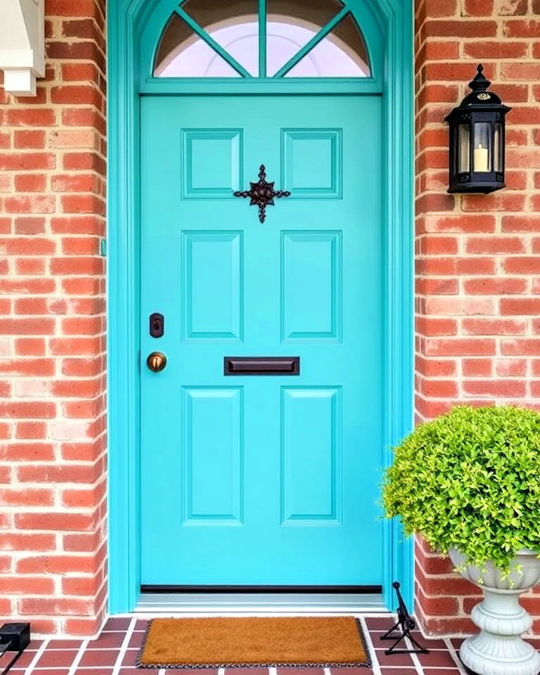turquoise door with brick exterior - 20 Turquoise Front Door Ideas