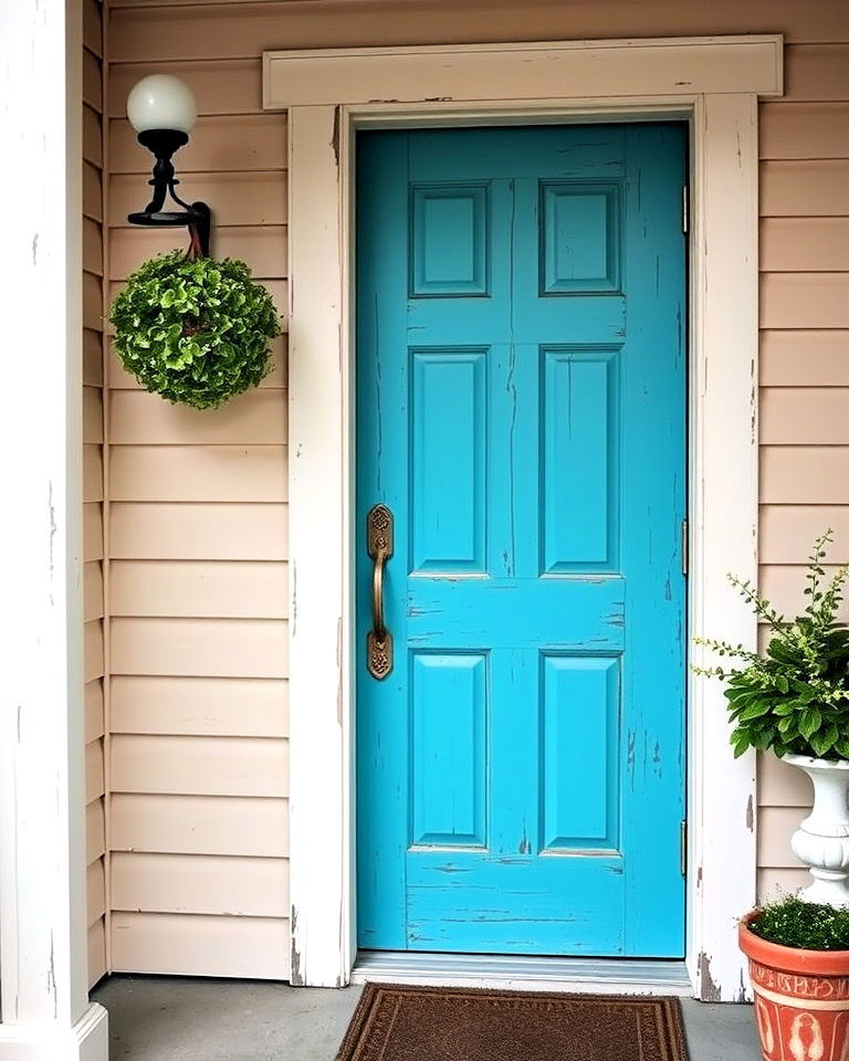 turquoise door with distressed finish - 20 Turquoise Front Door Ideas