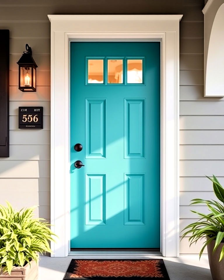 turquoise door with window inlays design - 20 Turquoise Front Door Ideas