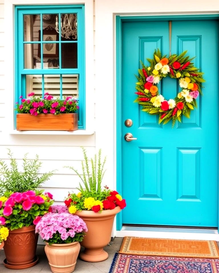 turquoise front door with floral decor - 20 Turquoise Front Door Ideas