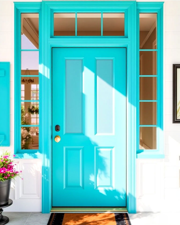 turquoise front door with glass panes - 20 Turquoise Front Door Ideas