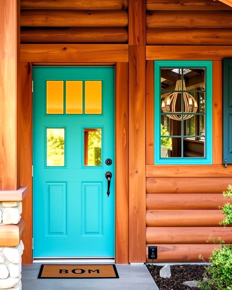 turquoise front door with natural wood accents - 20 Turquoise Front Door Ideas