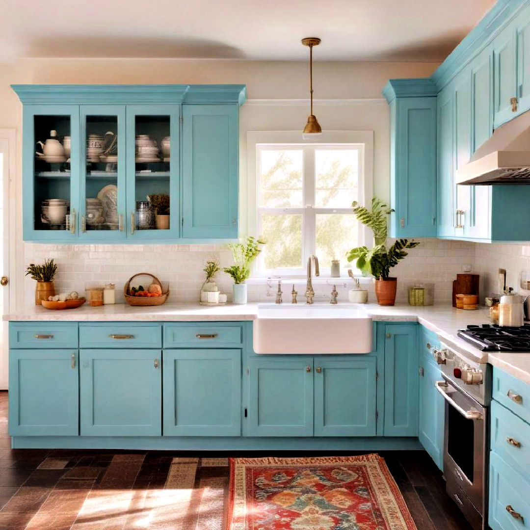 turquoise painted cabinets idea - 40 Painted Kitchen Cabinet Ideas