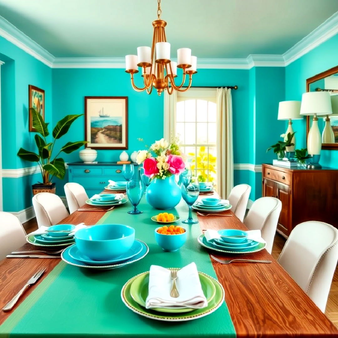 turquoise tableware for blue dining room - 40 Blue Dining Room Ideas