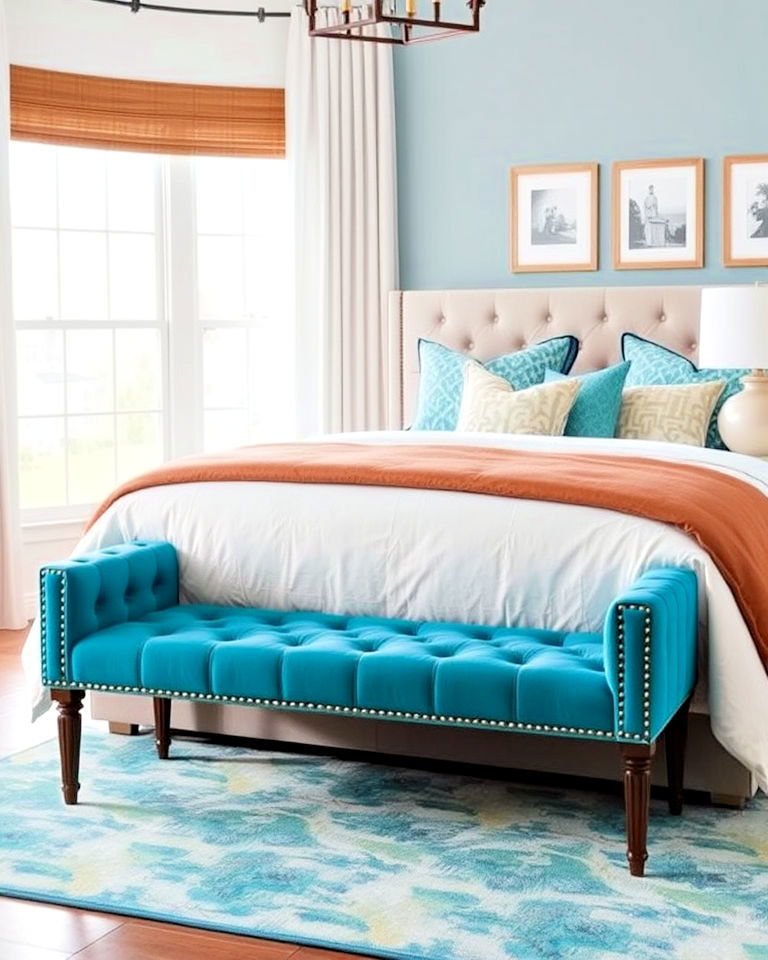 turquoise upholstered bench for bedroom - 15 Turquoise Bedroom Ideas