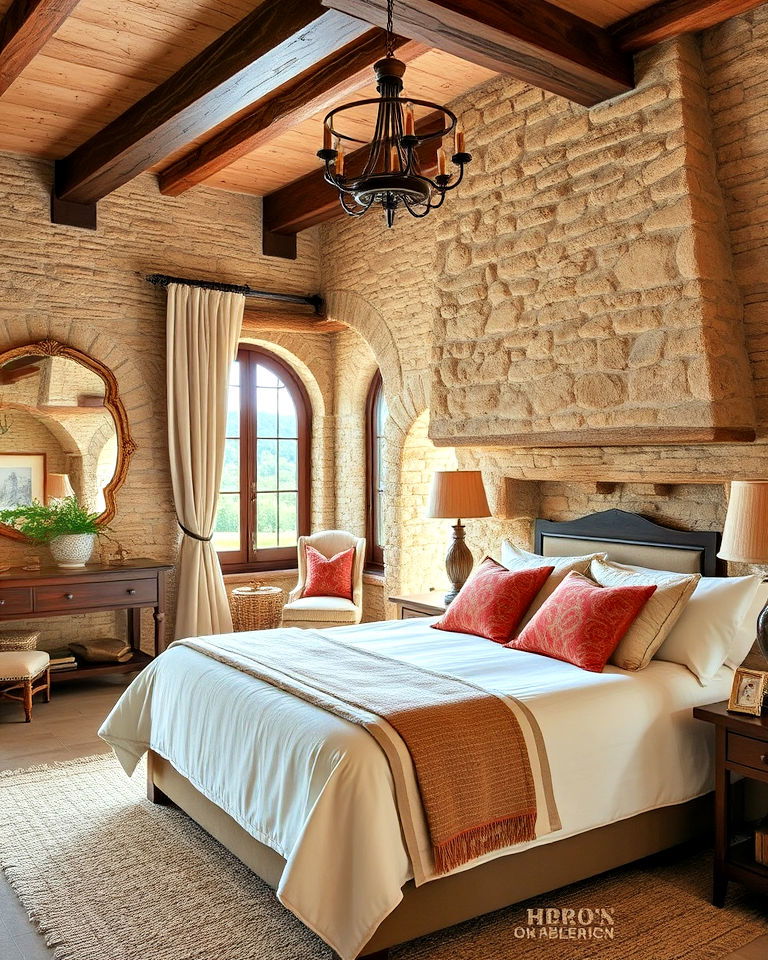 tuscan bedroom with stone accents - 20 Tuscan Bedroom Ideas