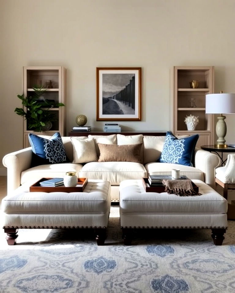 twin ottomans for symmetrical living room - 15 Symmetrical Living Room Ideas