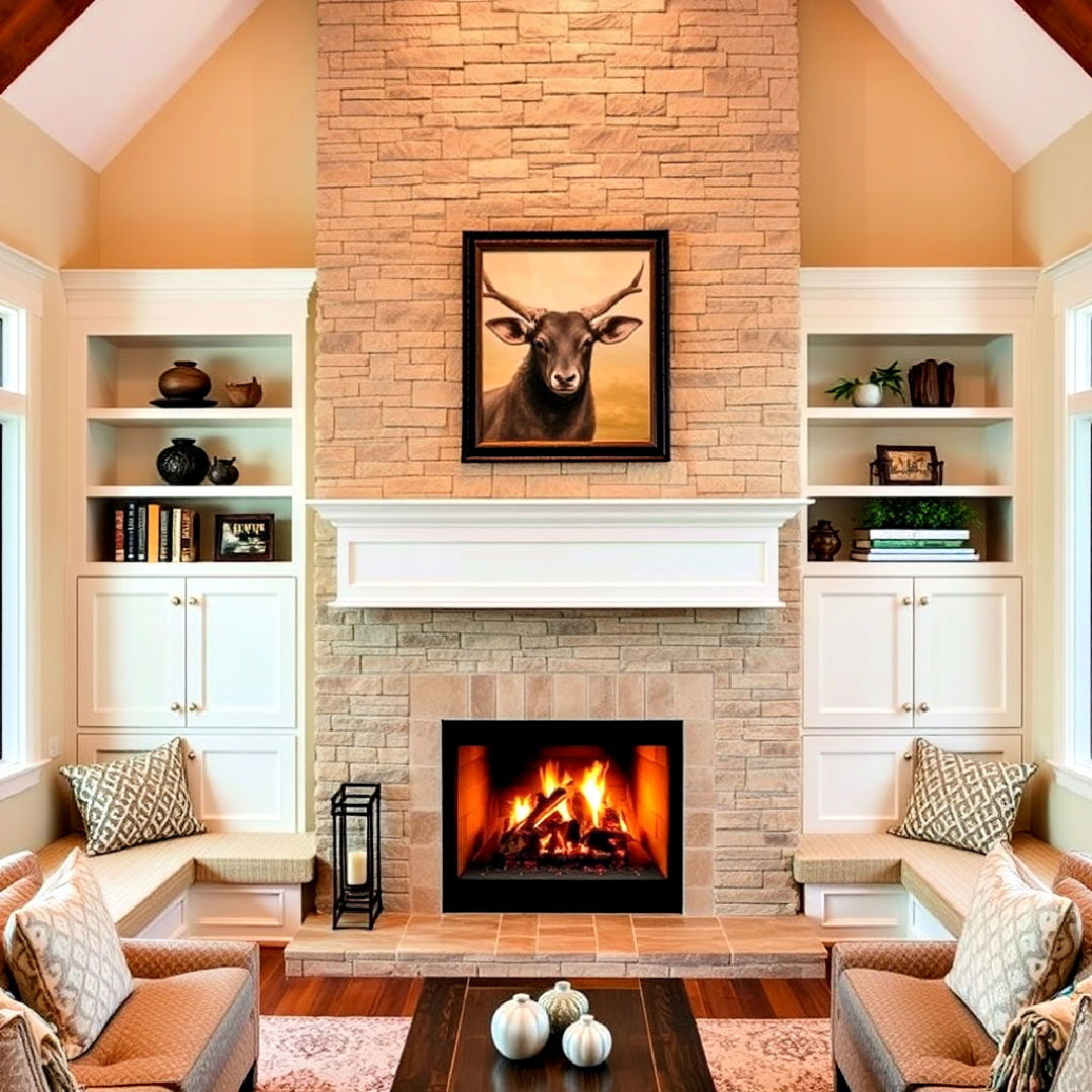 two story fireplace with built in seating - 25 Two-story Fireplace Ideas