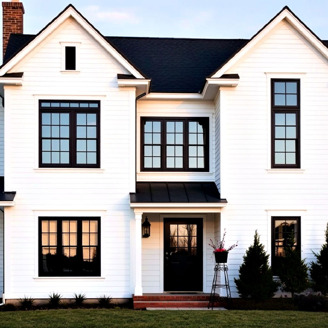 two story white farmhouse with black accent windows - 25 White Farmhouse With Black Windows Ideas