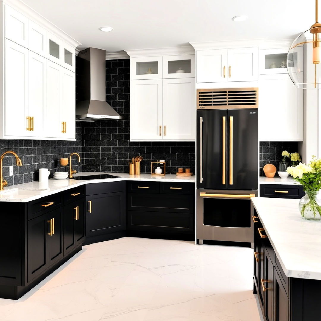 two tone cabinets with gold hardware for kitchen - 25 Black White and Gold Kitchen Ideas