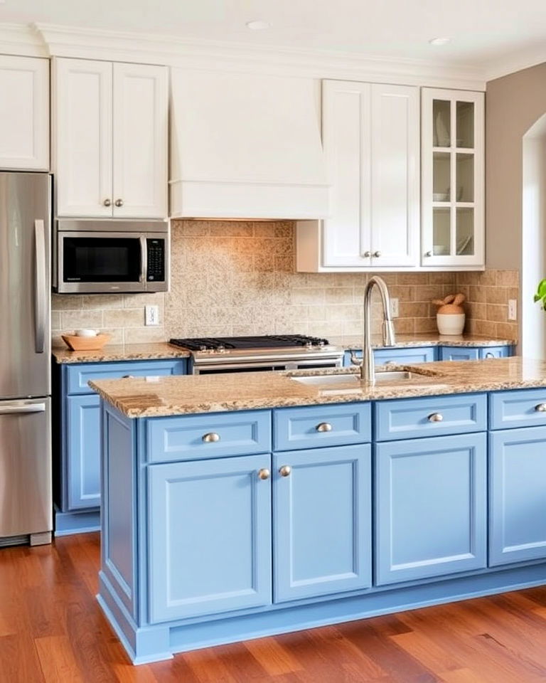 two tone contrast cabinetry with brown granite countertops - 20 Blue Kitchen Cabinets With Brown Granite Countertops