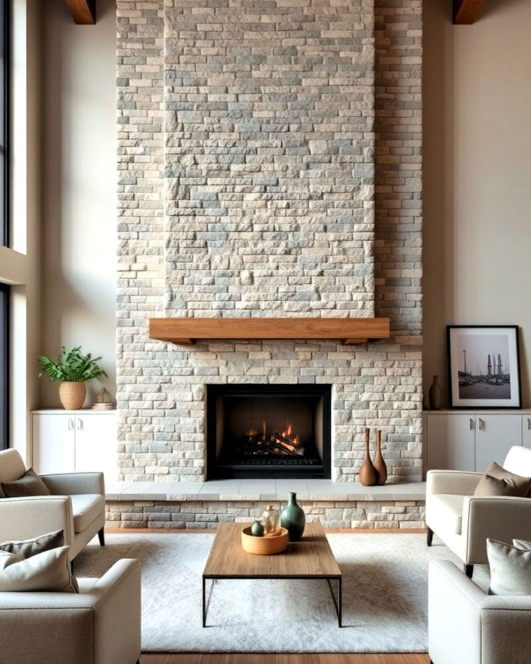 two tone floor to ceiling stone fireplace - 20 Floor-to-Ceiling Stone Fireplace Ideas