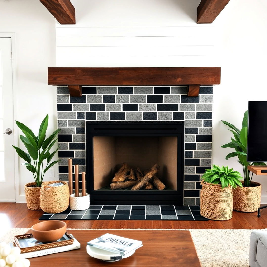 two tone tile design for farmhouse fireplace - 30 Farmhouse Fireplace Tile Ideas