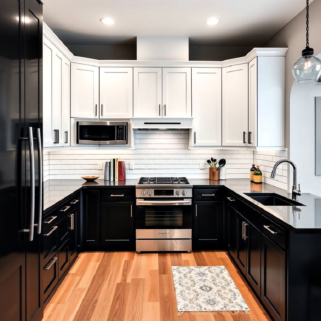 two tone white and black cabinets with matching countertops - 40 White Kitchen With Black Countertops Ideas