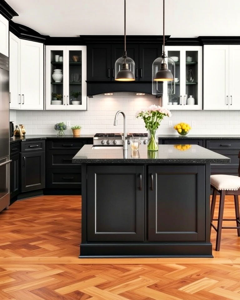 two toned cabinetry and black island - 20 White Kitchen Ideas With Black Island