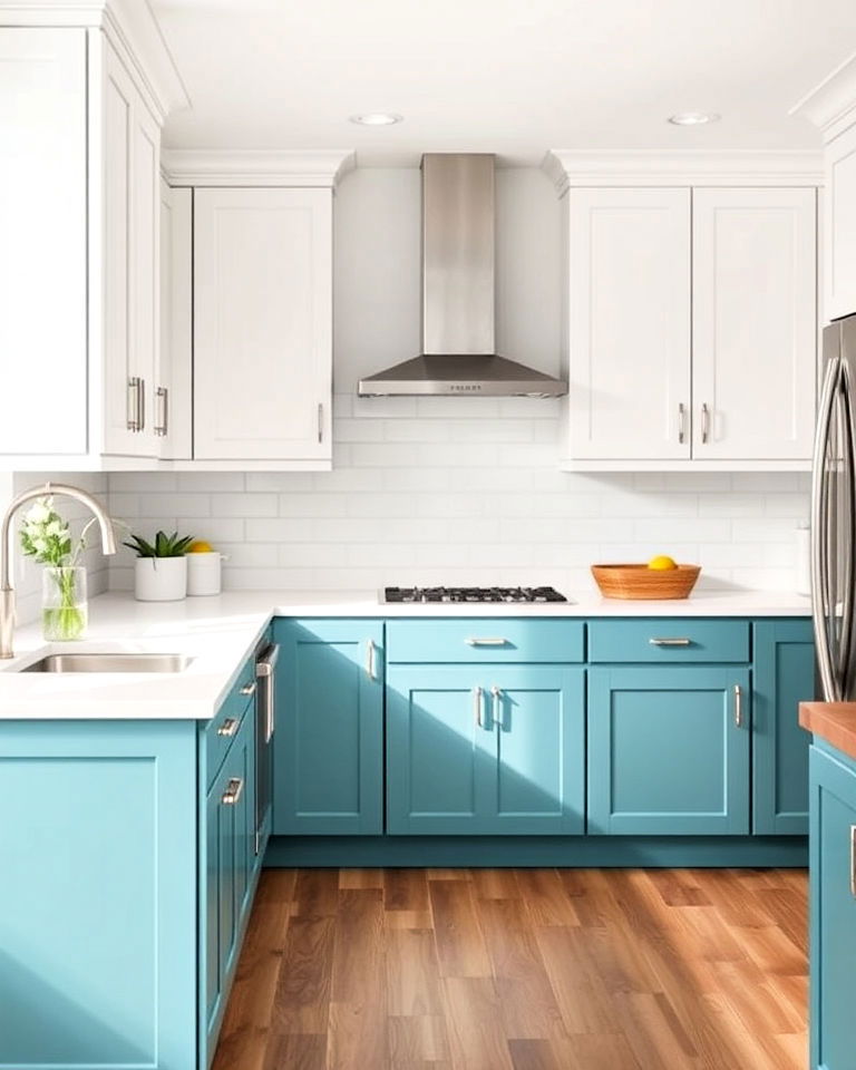 two toned kitchen cabinets - 20 Teal and White Kitchen Ideas
