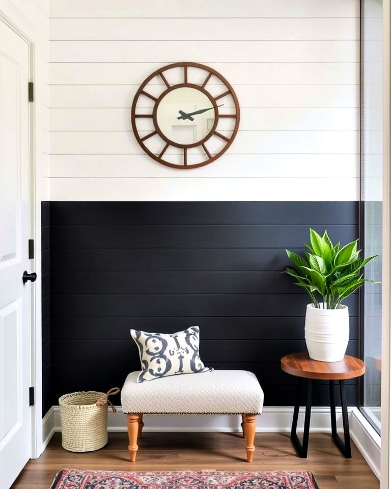 two toned shiplap wall to create layered look - 25 Shiplap Wall Entryway Ideas
