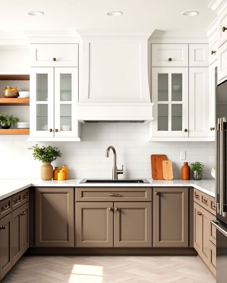 two toned taupe and white kitchen cabinets - 25 Taupe Kitchen Cabinet Ideas