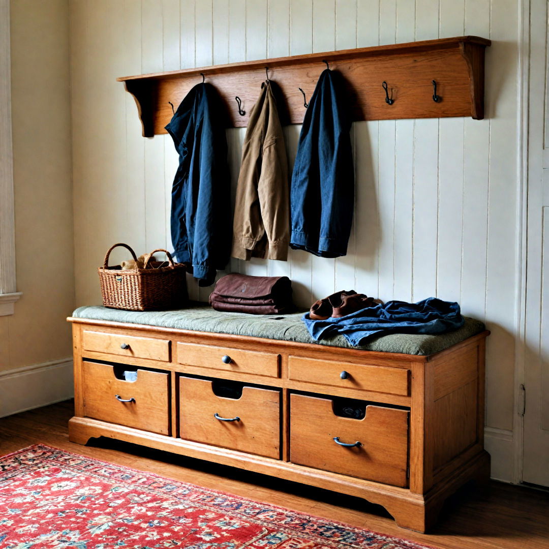 under bench drawers provide hidden space - 40 Mudroom Ideas