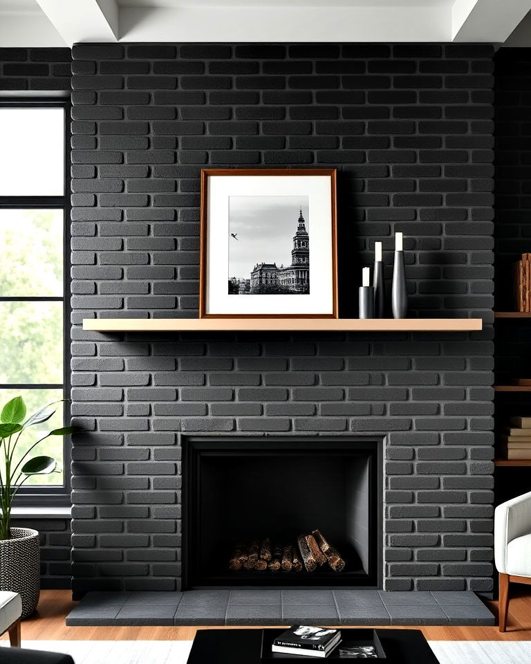 understated black brick fireplace with a simple mantel - 30 Black Brick Fireplace Ideas