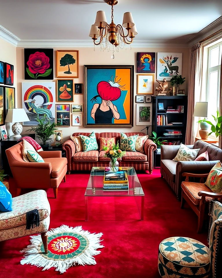 unique art decor for red carpet living room - 20 Red Carpet Living Room Ideas
